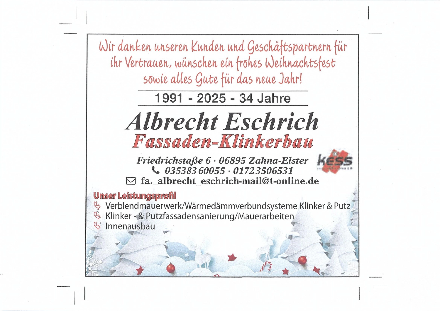 Albrecht Eschrich - Fassaden-Klinkerbau - Weihnachts- und Neujahrsgrußkarte